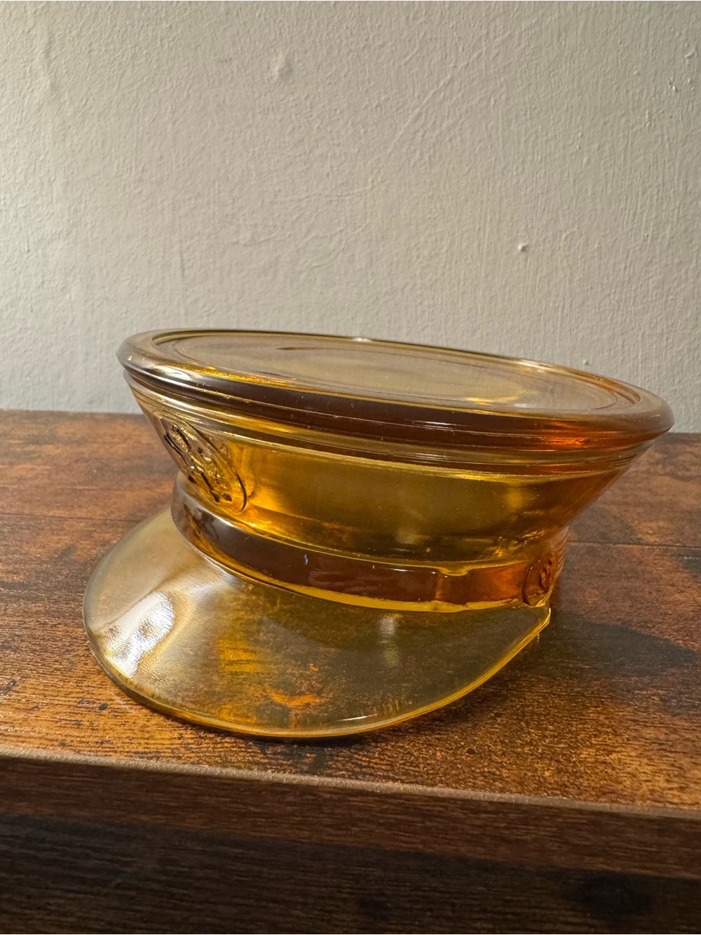 Vintage Amber Glass Military Hat Trinket Dish with Lid